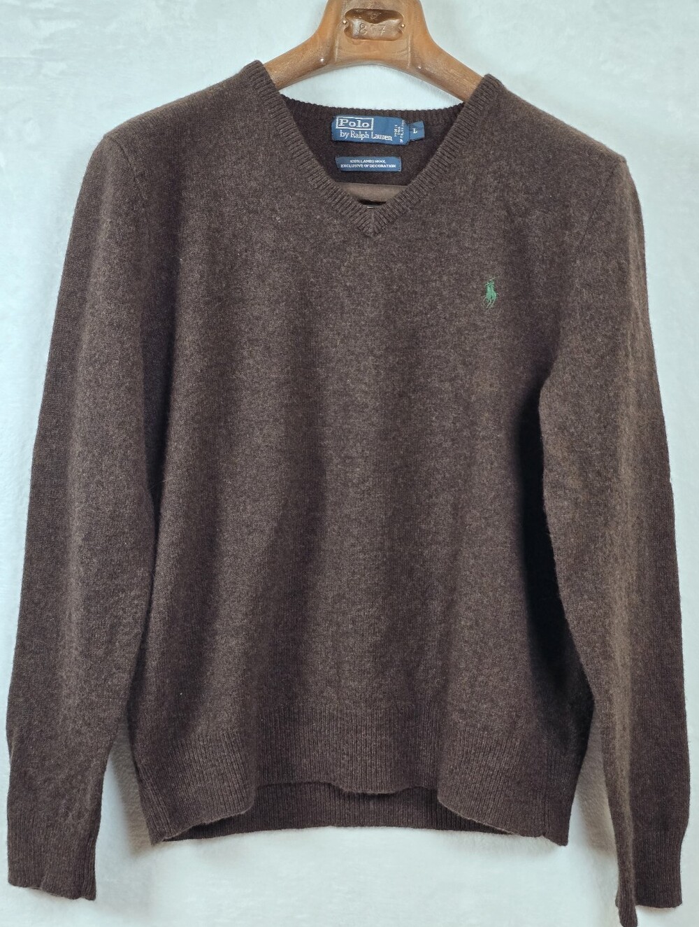 Polo Ralph Lauren Brown 100% Lambswool V-Neck Sweater Men's Size L Green Pony